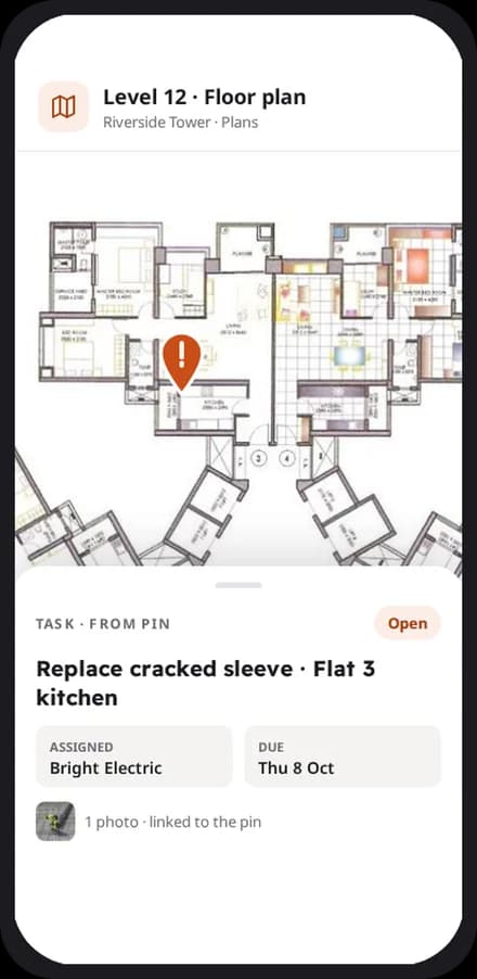 A floor plan with a snag pinned on it, turned into a task