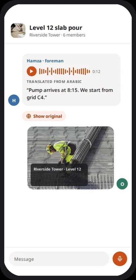 A voice note written out and translated, with a stamped site photo