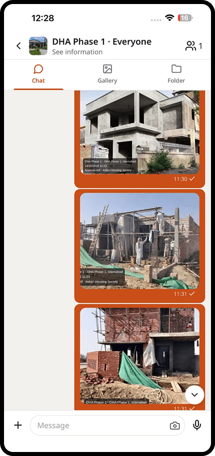 A jobsite conversation with site photos stamped with the site, date and author