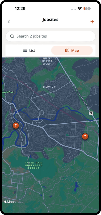 All jobsites pinned on a map