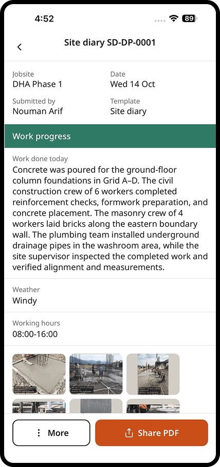 A submitted site diary with photos, ready to share as a PDF