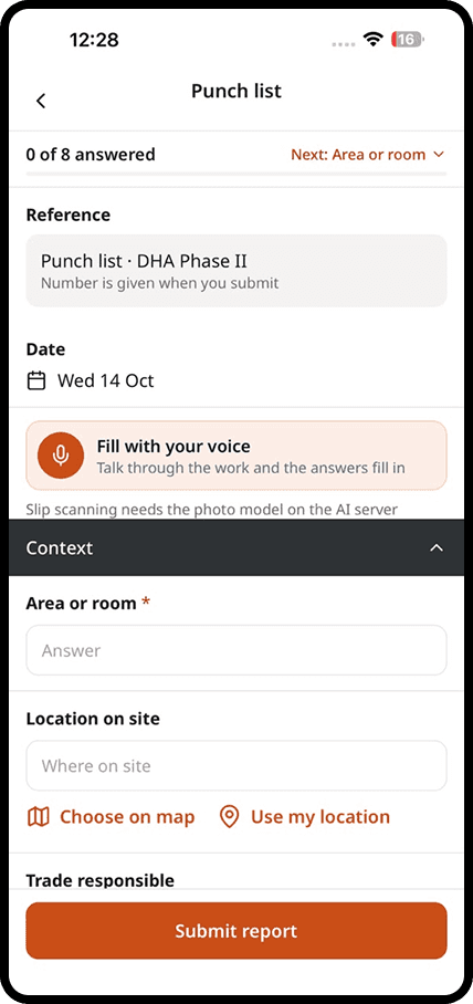 A punch list being filled on the phone, by typing or by voice