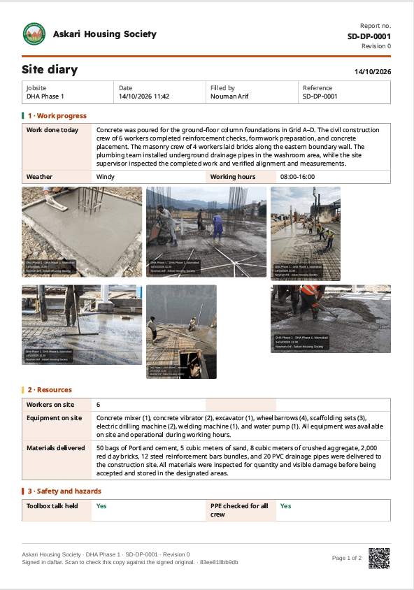 A signed site diary report on a company letterhead with site photos and a QR code