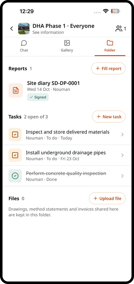 A jobsite folder with signed reports, open tasks and shared files