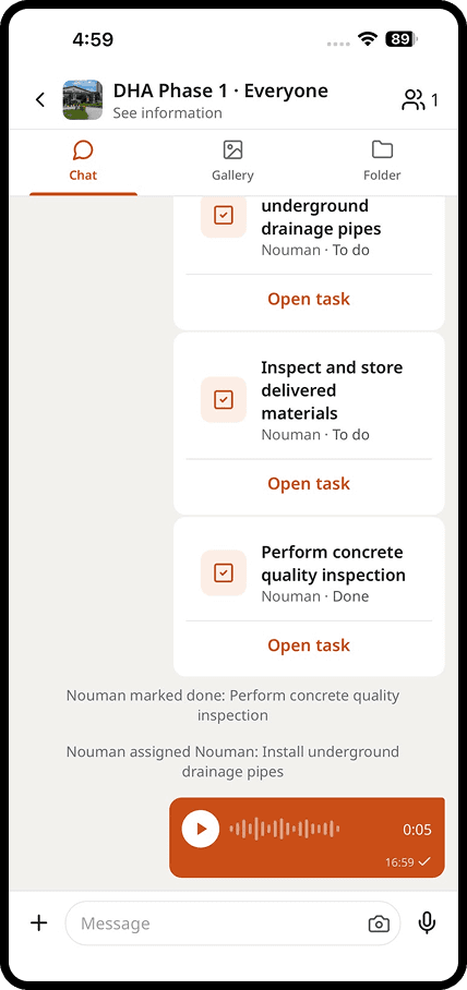 A jobsite chat with task cards and a voice note just sent