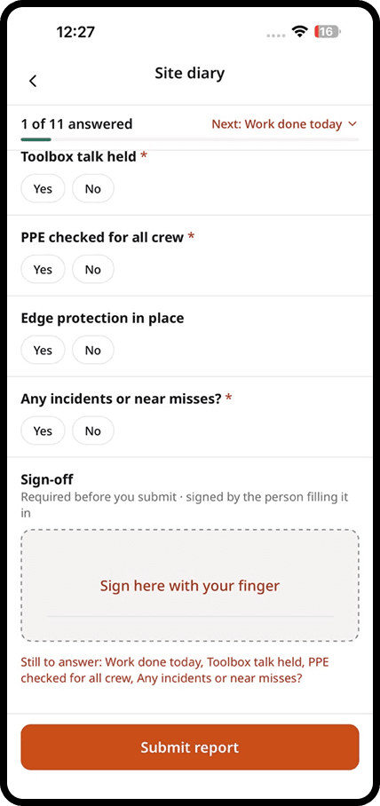 A site diary with safety checks, signed with a finger on the phone